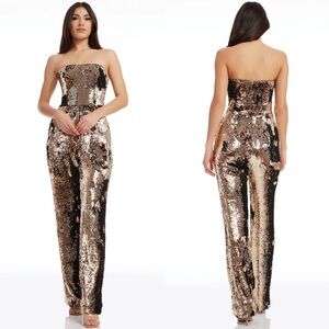 Dress the Population Andy Sequin Strapless Jumpsuit in Gold Size Small
